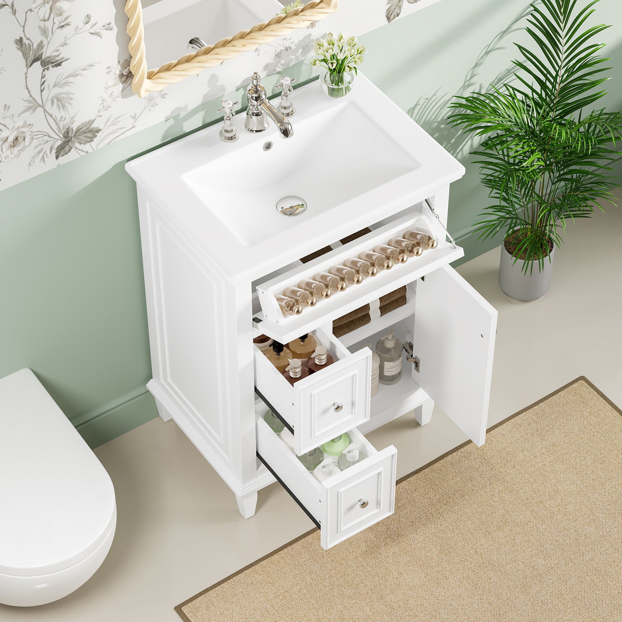 Modern Bathroom Vanity With Sink, Adjustable Shelf, 1 Flip Drawer & 2 Drawers