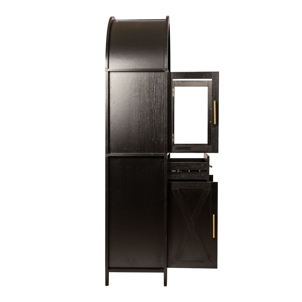 Arched Kitchen Pantry Cabinet With Adjustable Shelves And Barn Door Design