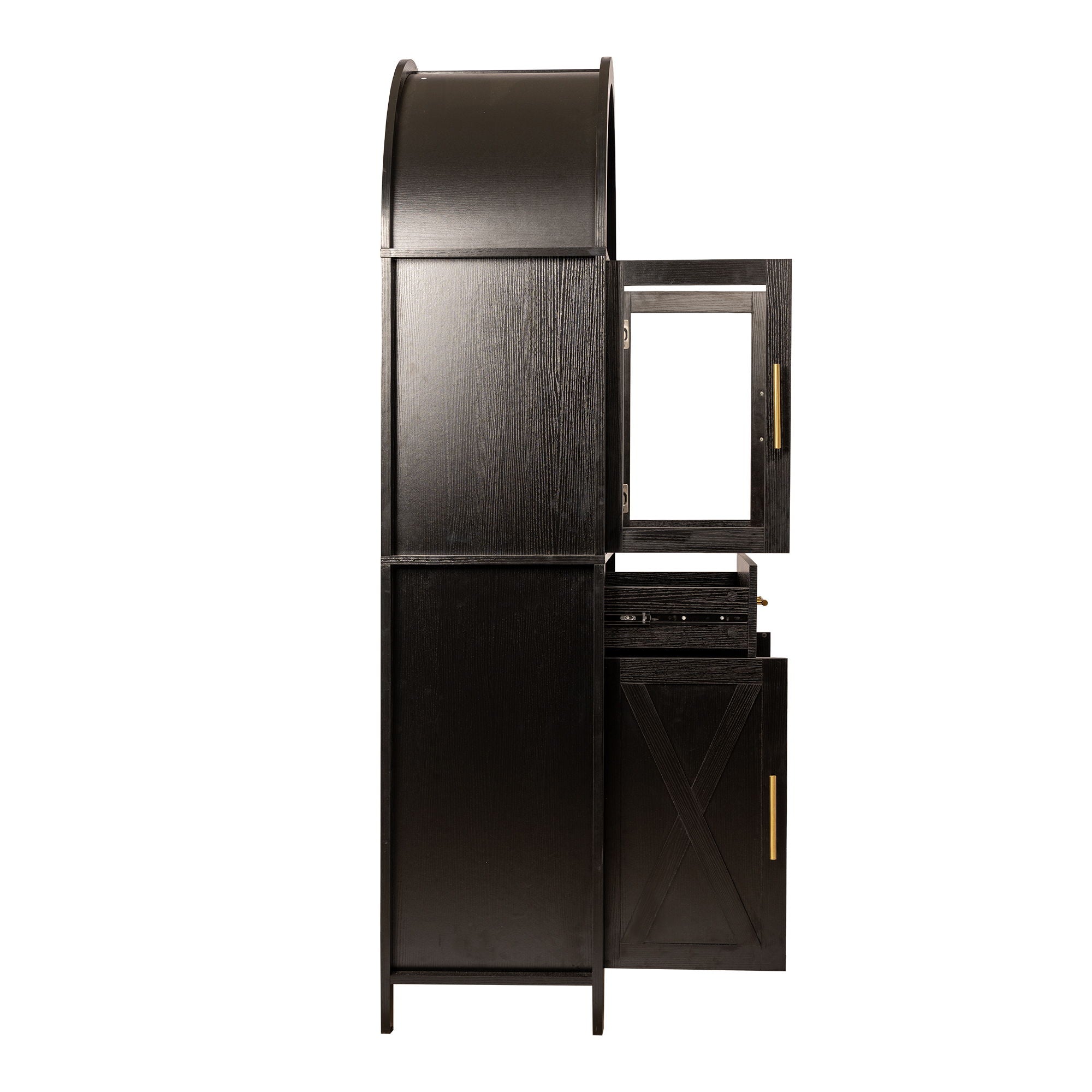 Arched Kitchen Pantry Cabinet With Adjustable Shelves And Barn Door Design
