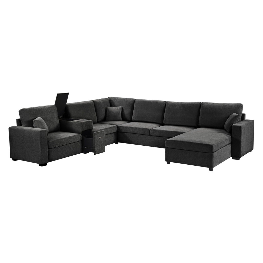 Modular 5 Seat U-Shape Sectional Sofa With Chaise Lounge, Built In Cup Holders And Storage Drawer