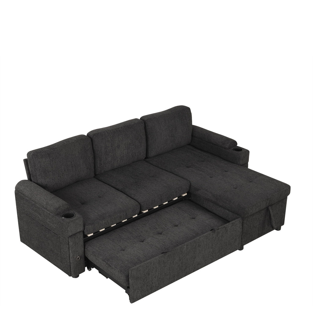 Convertible L Shaped Sofa Couch With Storage, Cup Holders, USB Ports
