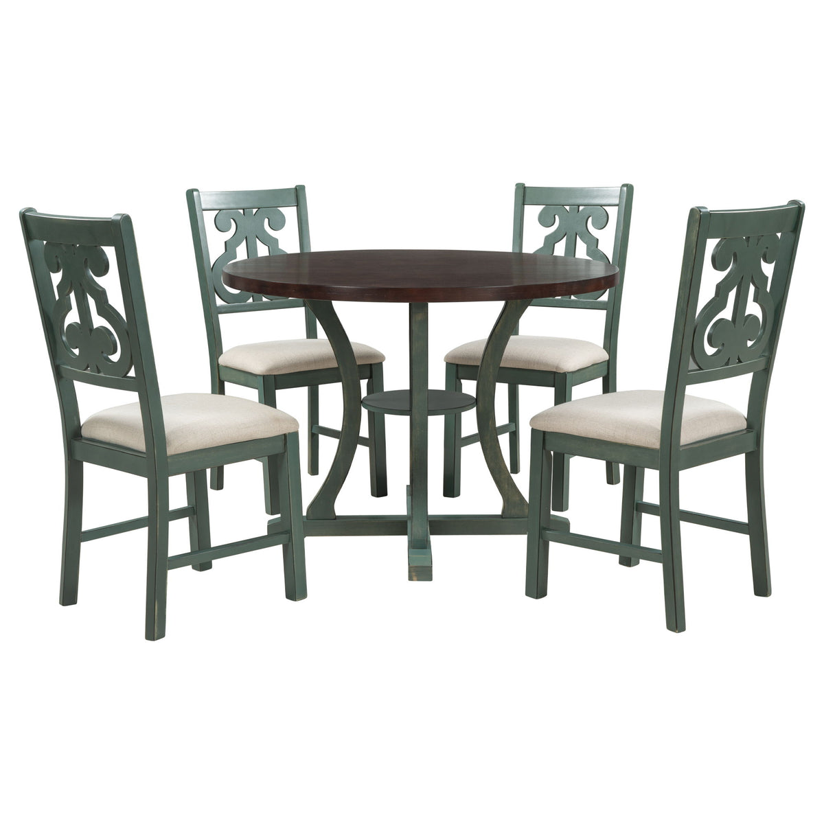 5 Piece Round Dining Table And Chair Set With Unique Legs And Hollow Chair Back