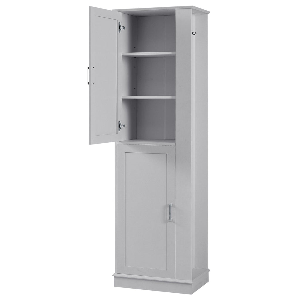 Tall Freestanding Bathroom Storage Cabinet With Adjustable Shelves And Side Hooks