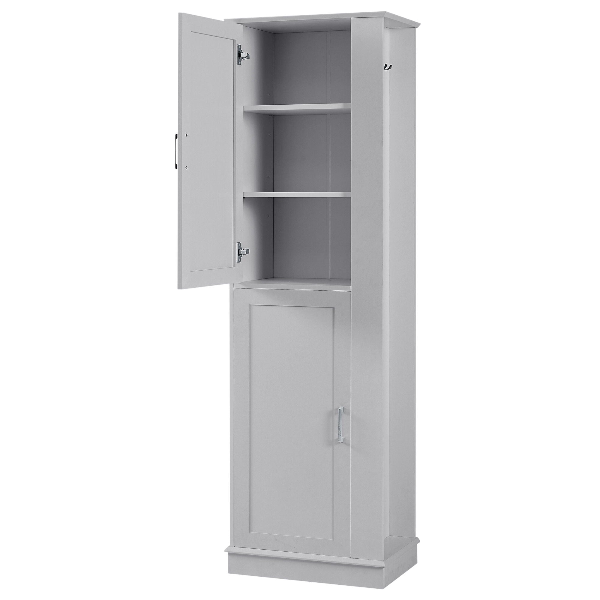 Tall Freestanding Bathroom Storage Cabinet With Adjustable Shelves And Side Hooks