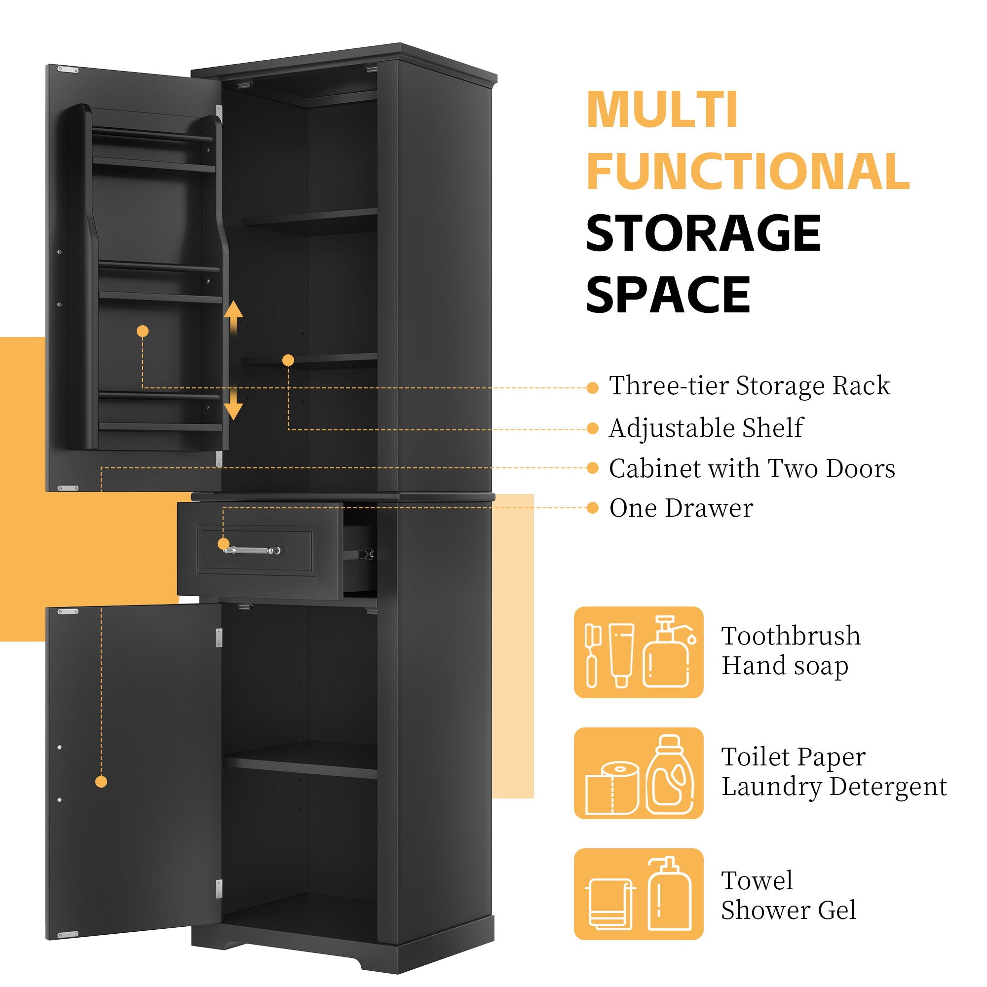 Tall Freestanding Bathroom Storage Cabinet With Adjustable Shelf, 2 Door Design