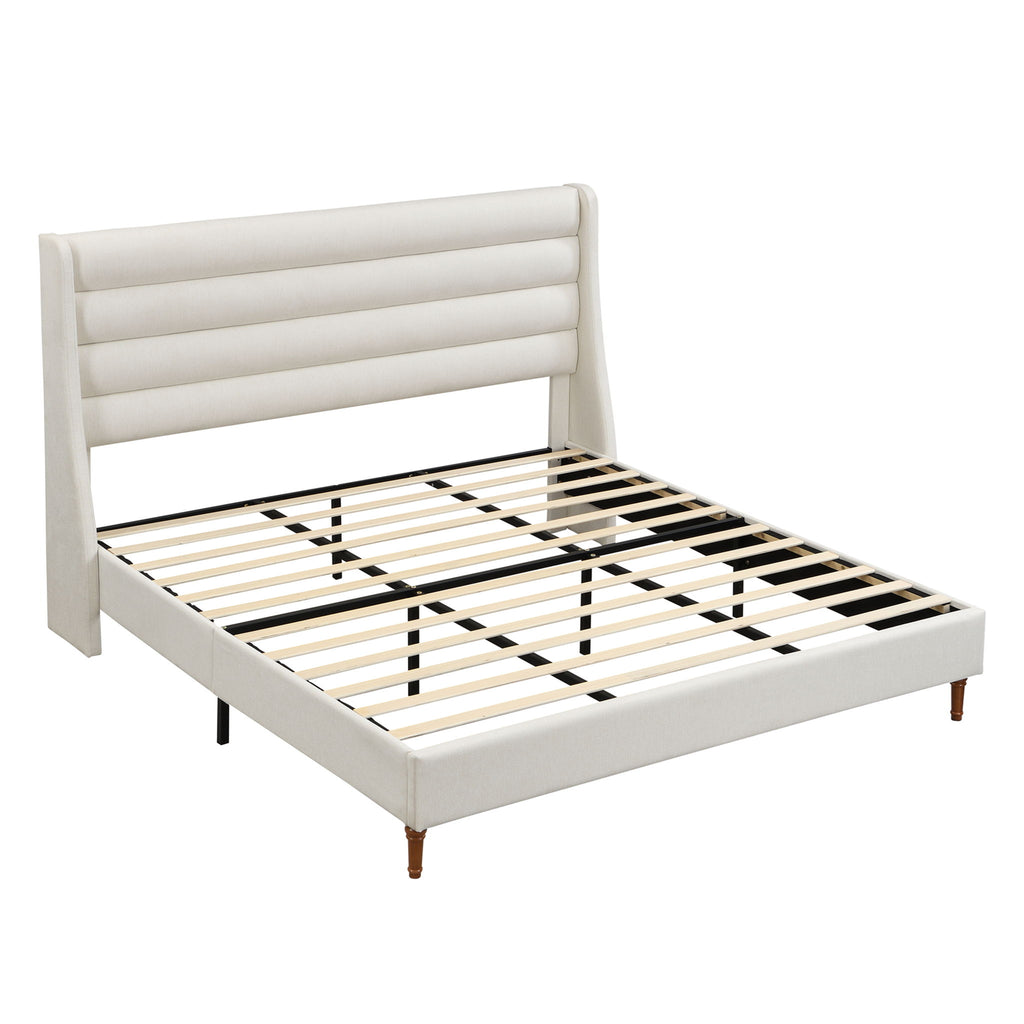 Modern Upholstered Platform Bed With Wave Shaped Headboard