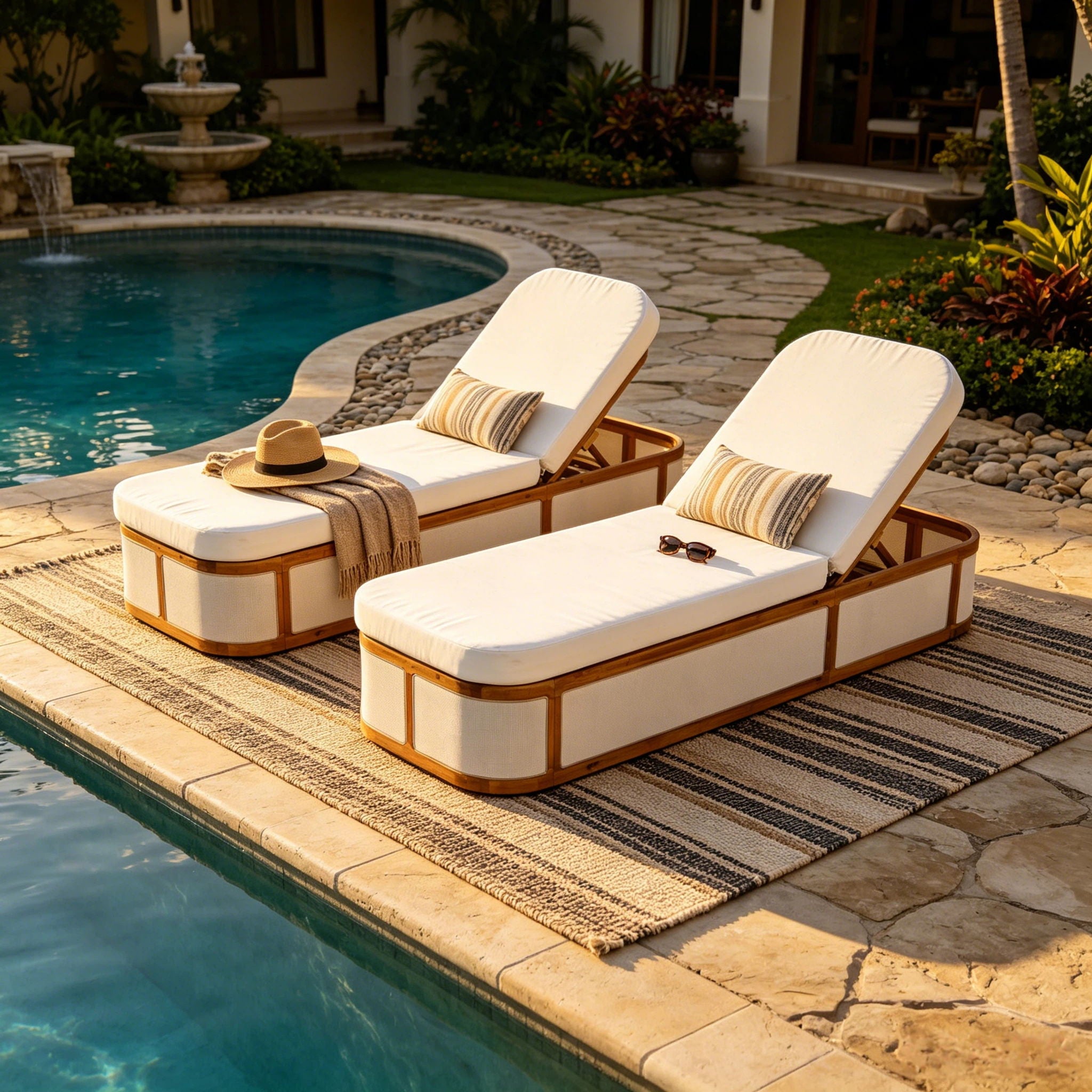 Chaise Lounge Set With 2 Fold Cushion, 3 Position Backrest - Beige / Cream / Teak