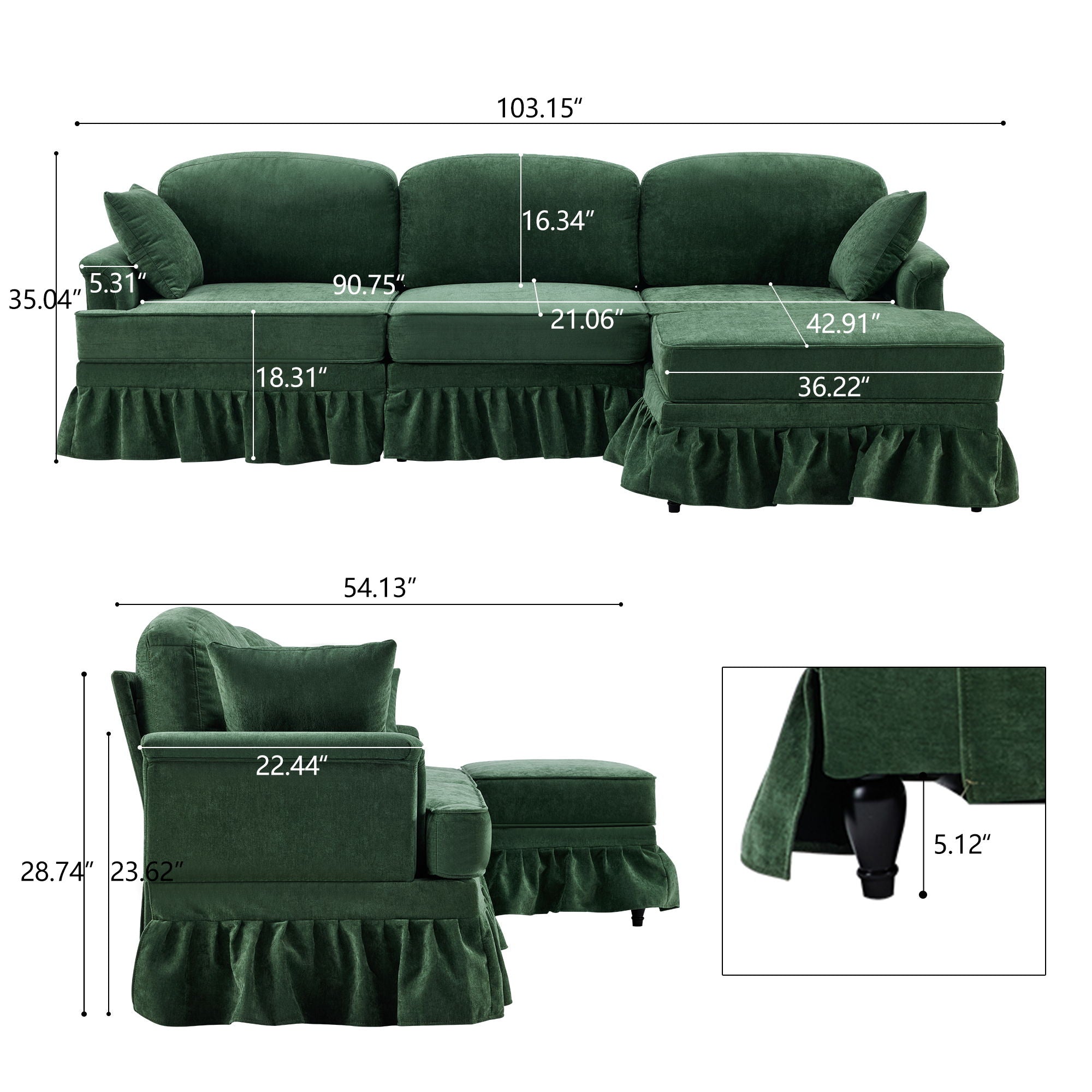 Cloud Sofa With Removable Ruffled Skirt With Ottoman And Flared Arms
