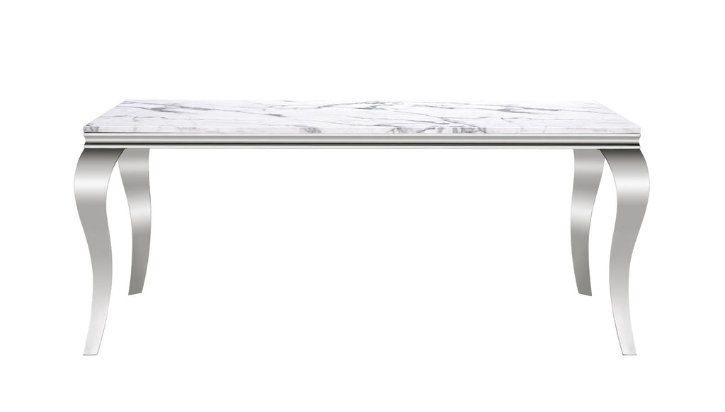 Marble Printed Rectangular Dining Table, Frame And Stainless Steel Legs - Silver / White