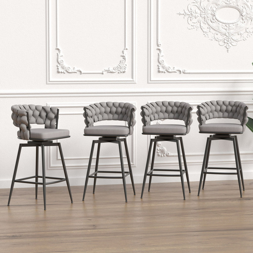 28" Bar Chair Linen Woven Bar Stool (Set of 2) Upholstered With Legs, 360 Swivel, Counter Arm Chairs With Back Footrest - Gray