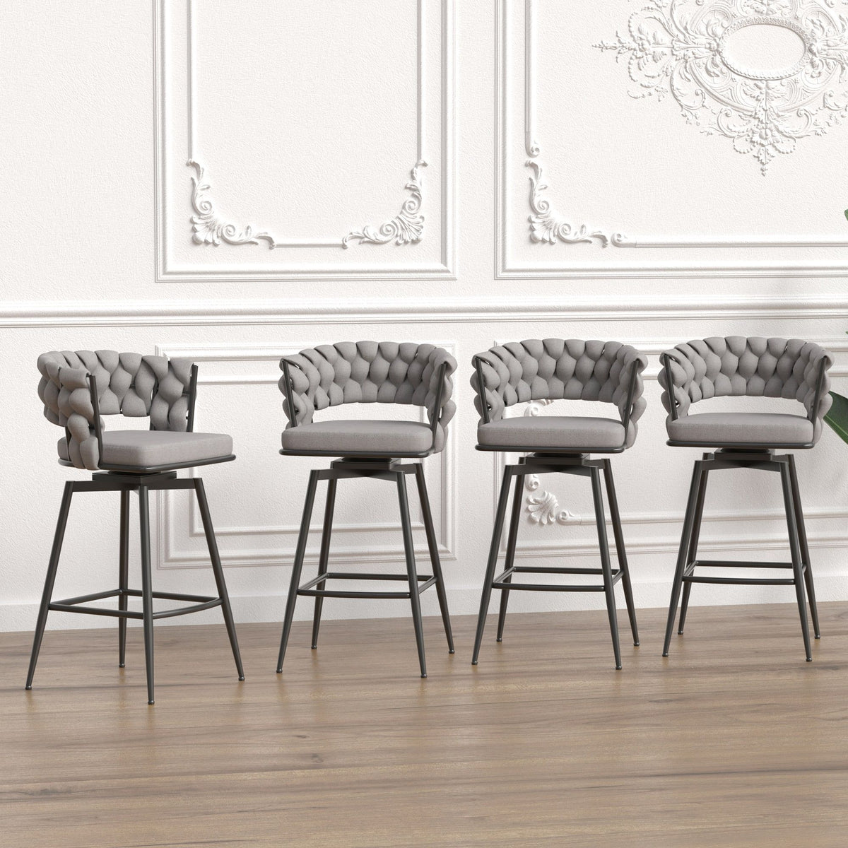 28" Bar Chair Linen Woven Bar Stool (Set of 2) Upholstered With Legs, 360 Swivel, Counter Arm Chairs With Back Footrest - Gray