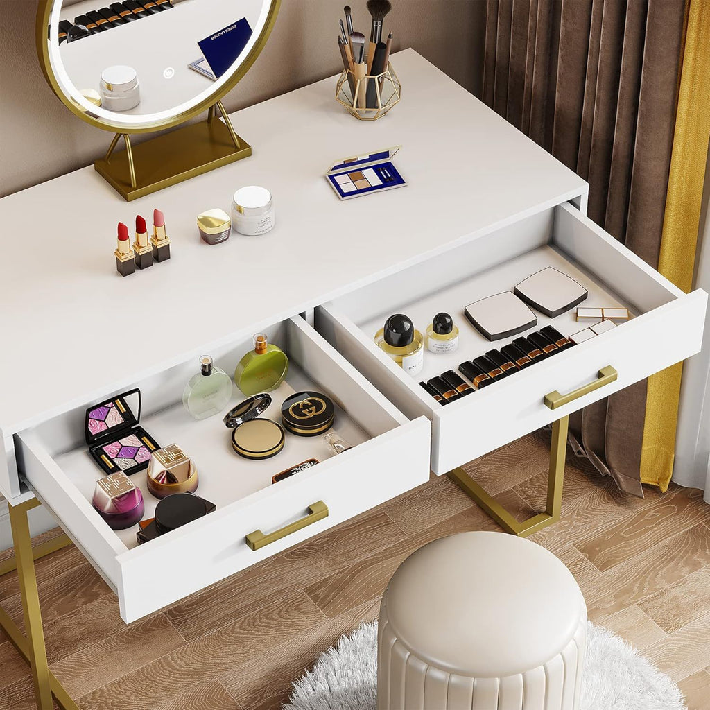 Minimalist Home Office Computer Desk With 2 Drawers, Compact Writing Table For Small Spaces - White / Gold
