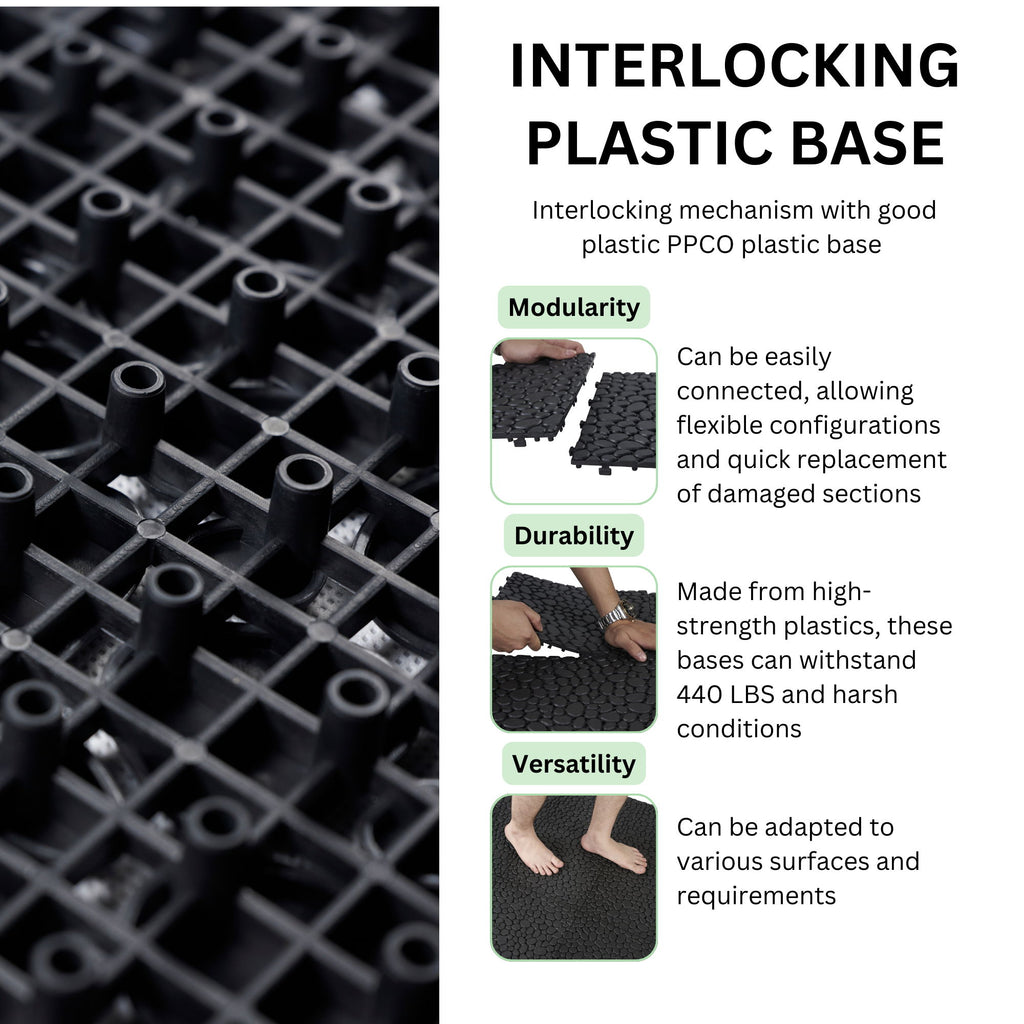 Interlocking Deck Tiles Plastic Waterproof Outdoor All Weather Anti-Slip Bathroom Shower Balcony Porch Strong Weight Capacity Upto 440 Lbs, Pebble Stone Pattern