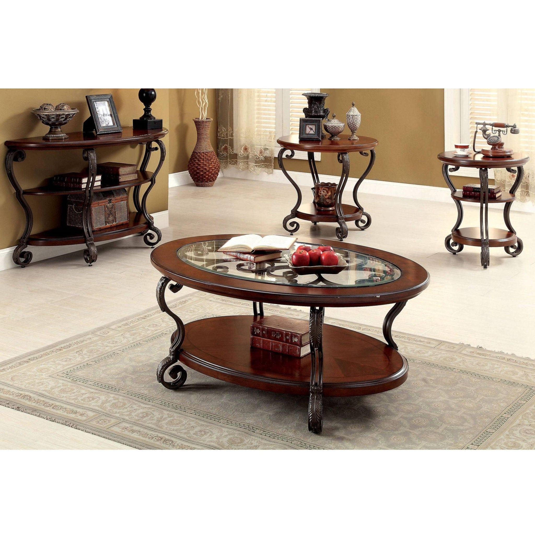 Sofa Table With Open Bottom Shelf And Ornate Scroll Detail Legs - Brown Multi