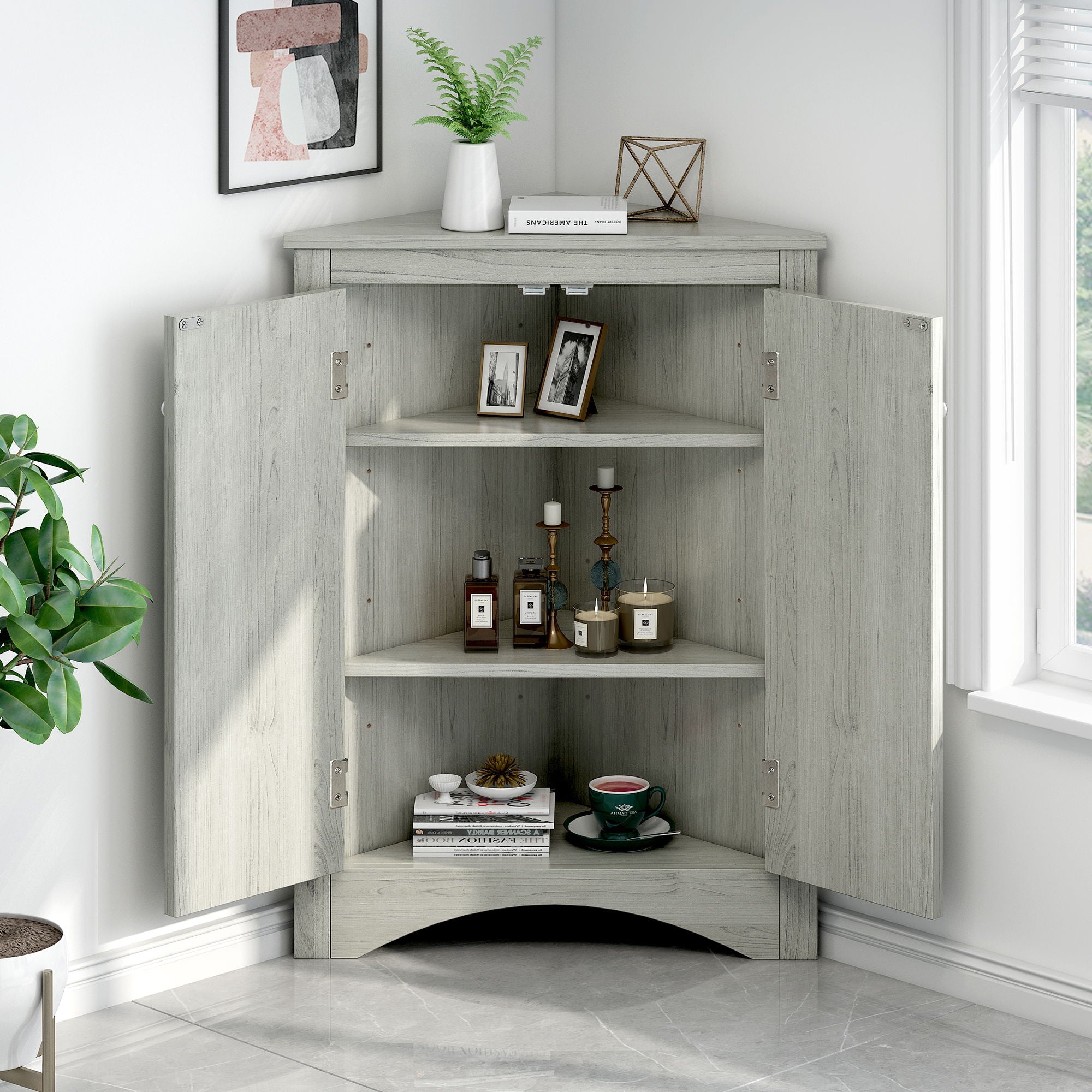 Triangle Bathroom Storage Cabinet With Adjustable Shelves, Freestanding Floor Cabinet - Oak