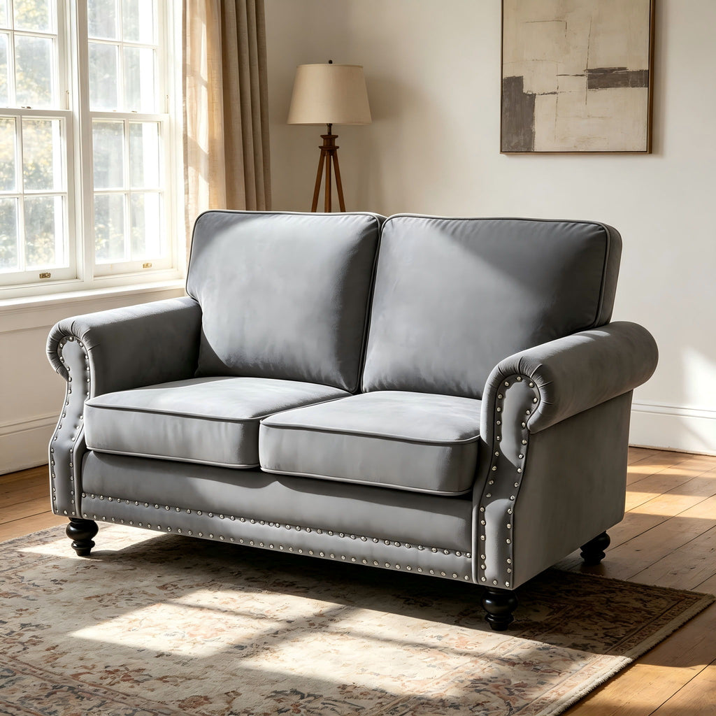 Loveseat Sofa With Nailhead Detail & Turned Legs, 2 Seater Upholstered Couch