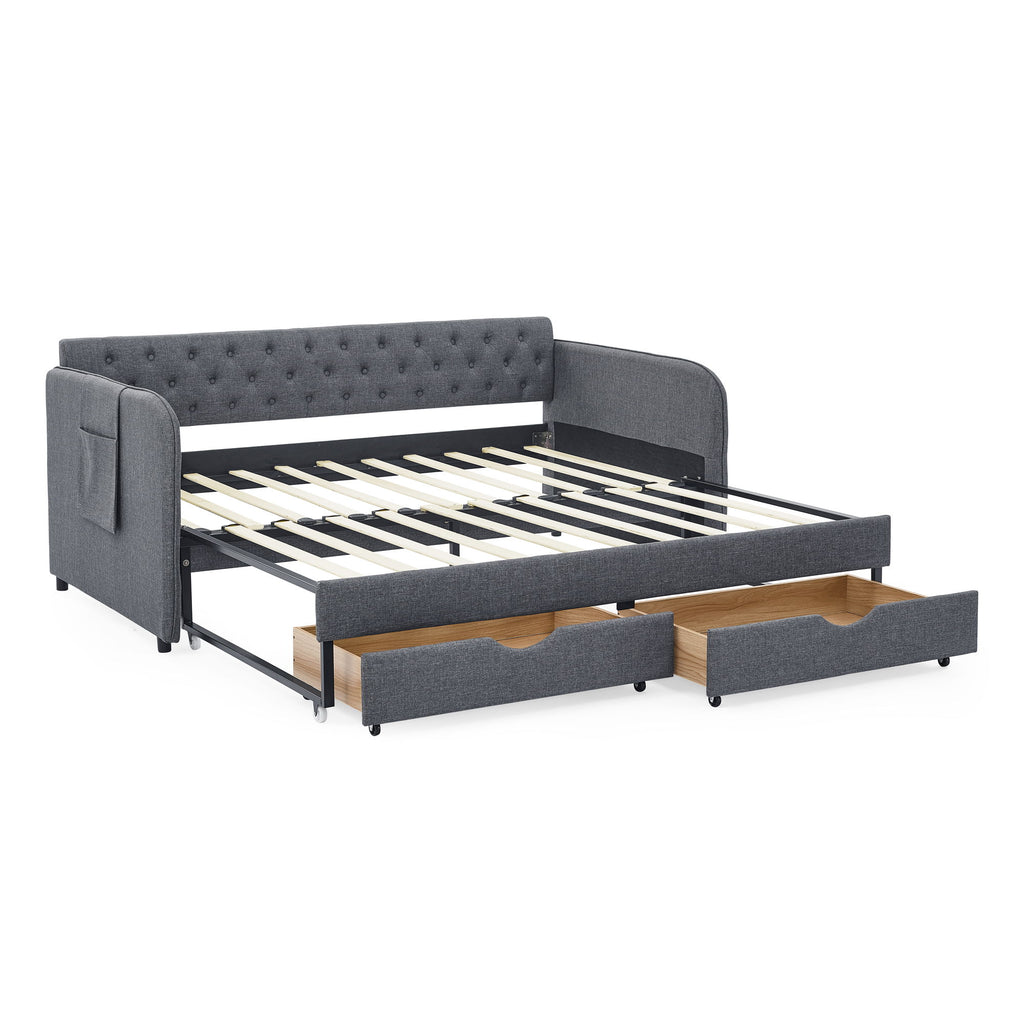 Daybed With Trundle And Storage Drawers, Flat Arms With Pocket