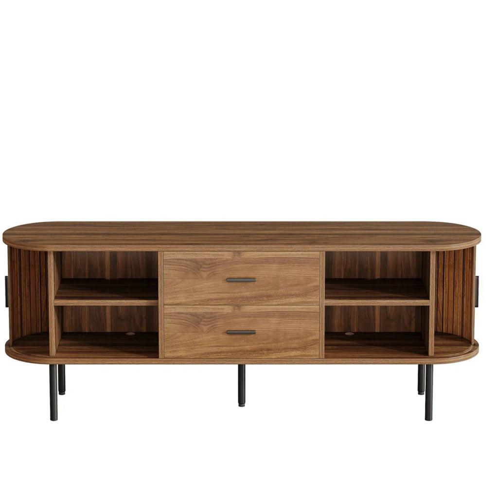 Fluted TV Stand With Tambour Sliding Doors - Walnut