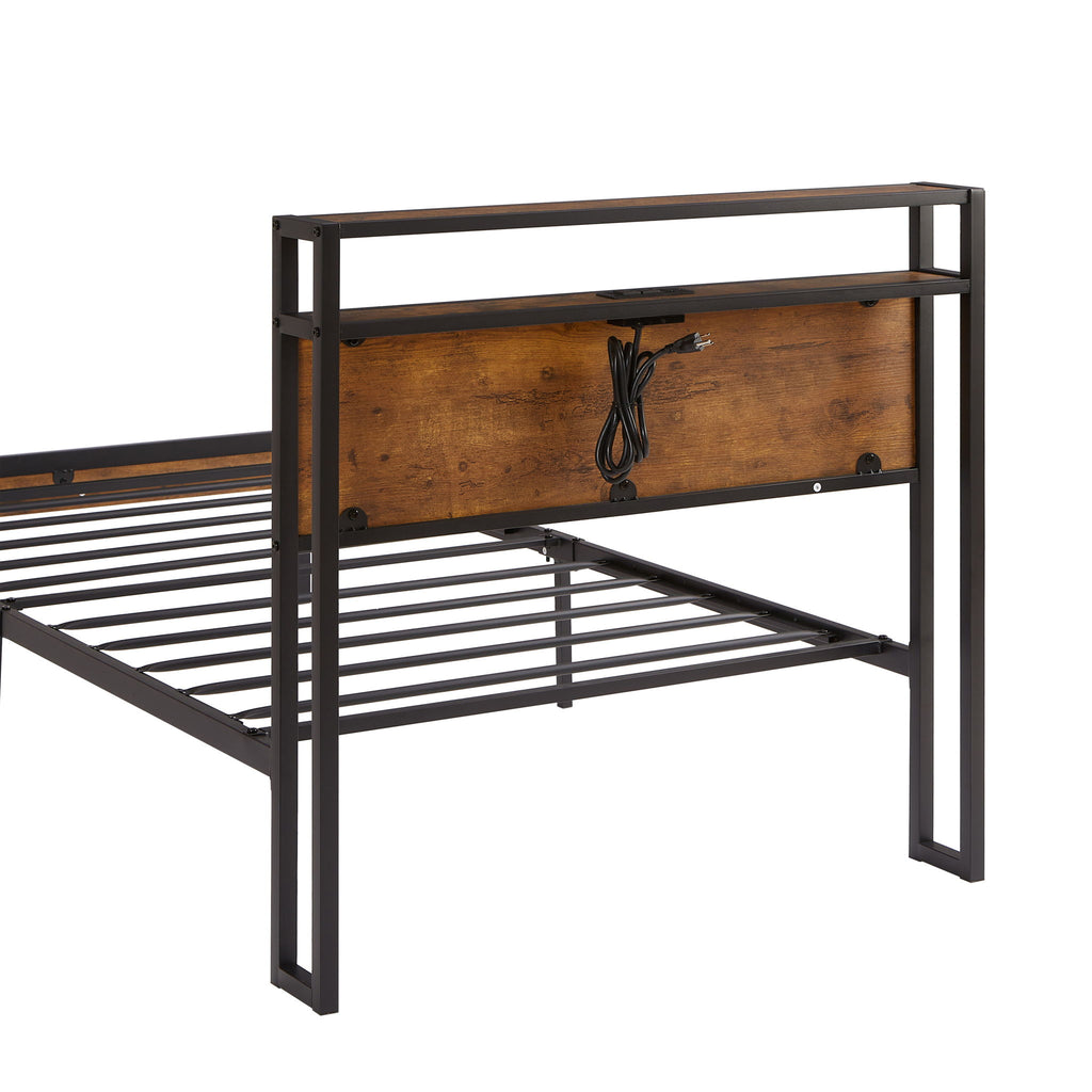Twin Size Platform Bed Frame, LED Lights With Remote Control, USB Charging Port, Large Under Bed Storage - Black / Brown