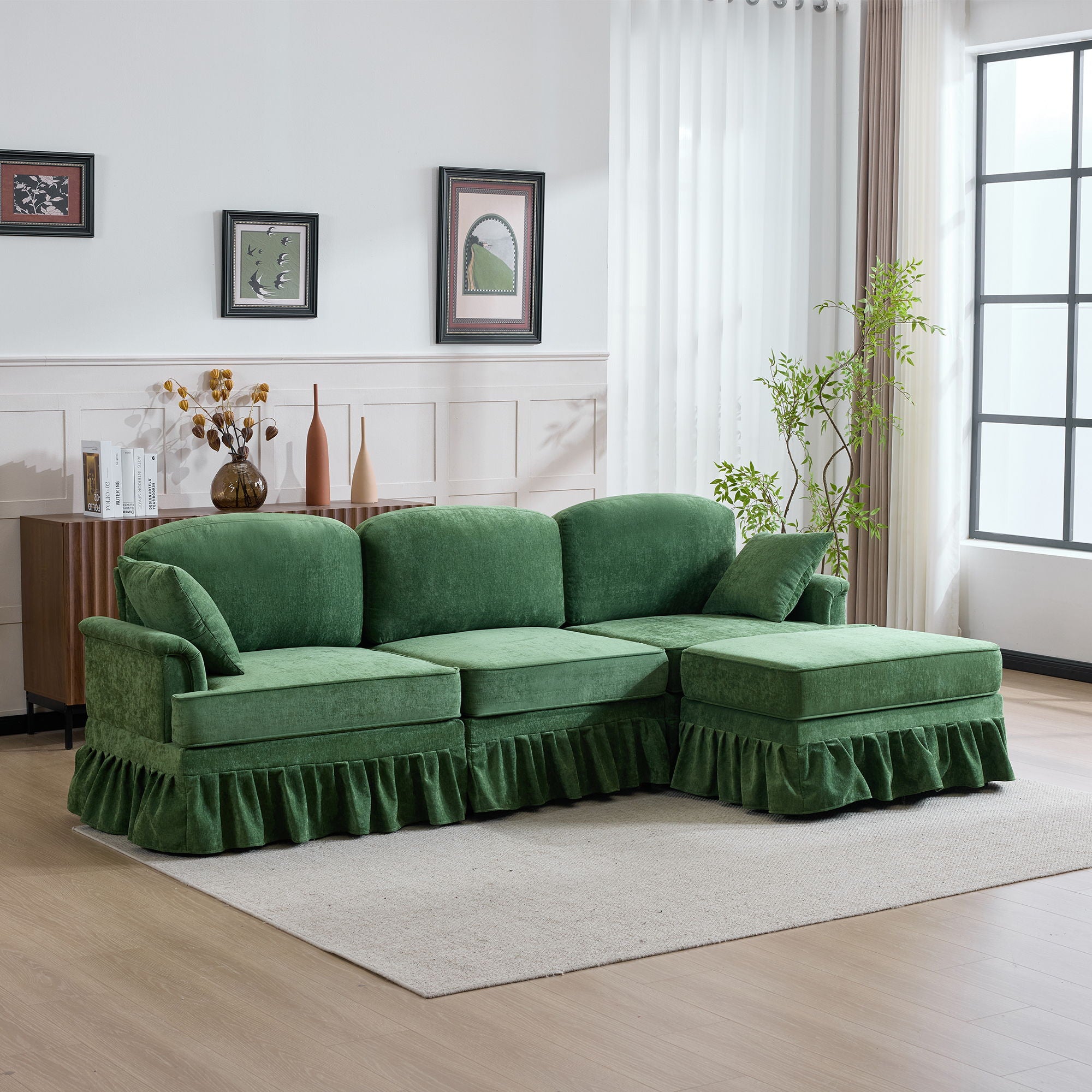 Cloud Sofa With Removable Ruffled Skirt With Ottoman And Flared Arms