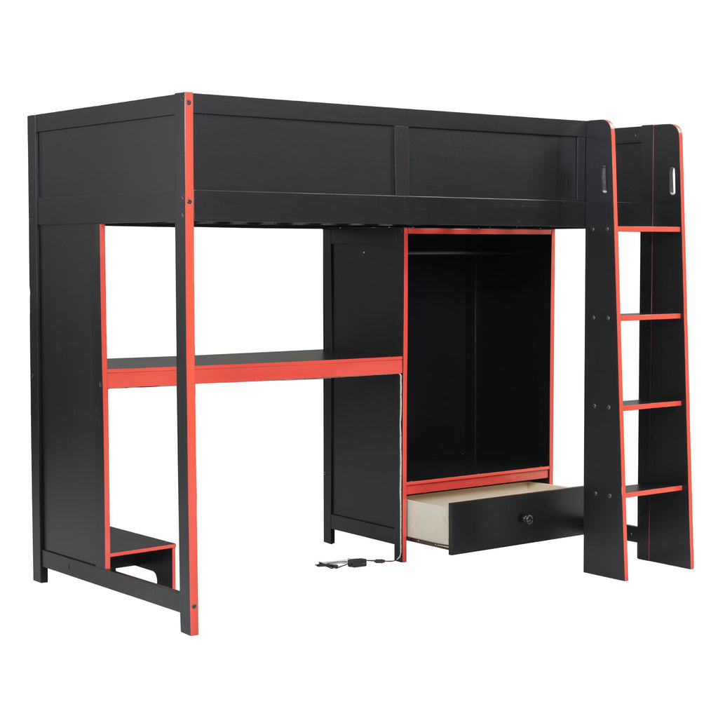 Gaming Loft Bed With Built In Desk, Wardrobe, LED Lighting And Drawer