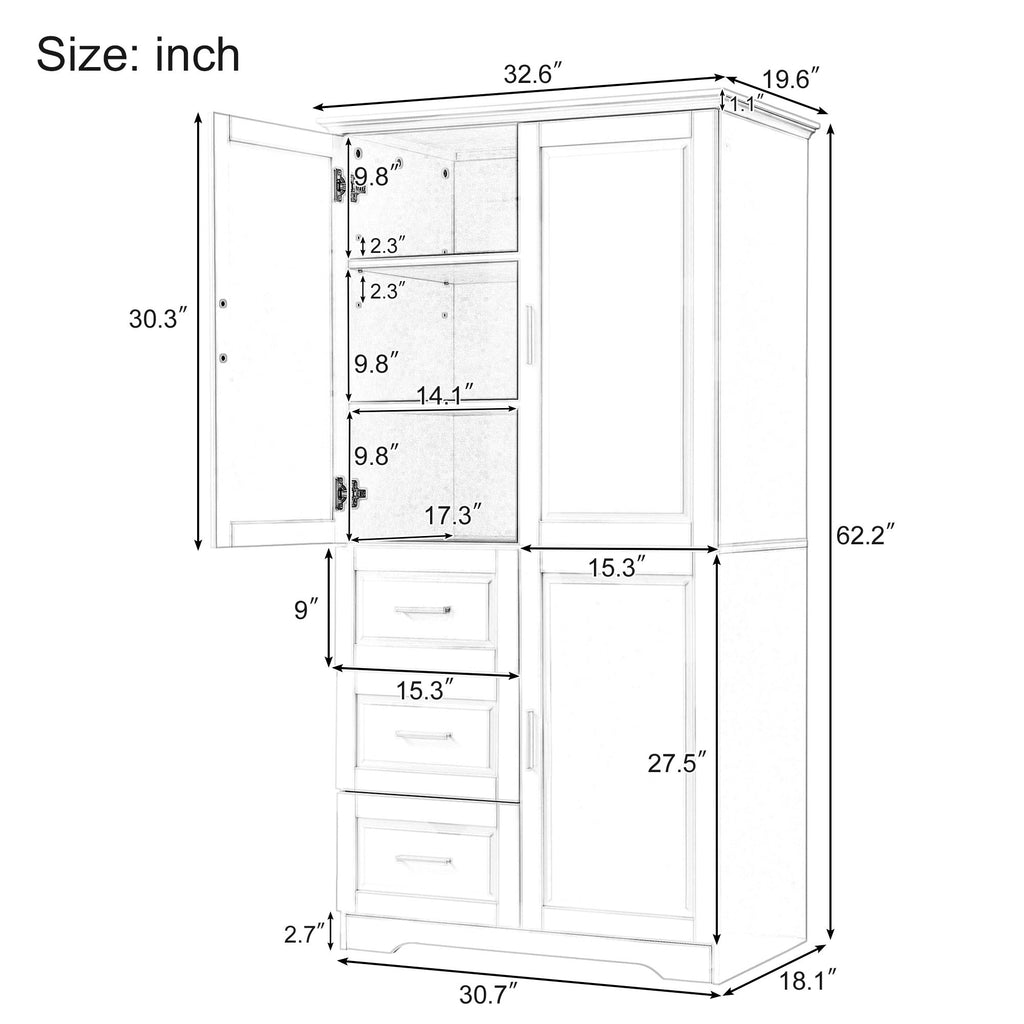 Tall And Wide Storage Cabinet With Doors, 3 Drawers