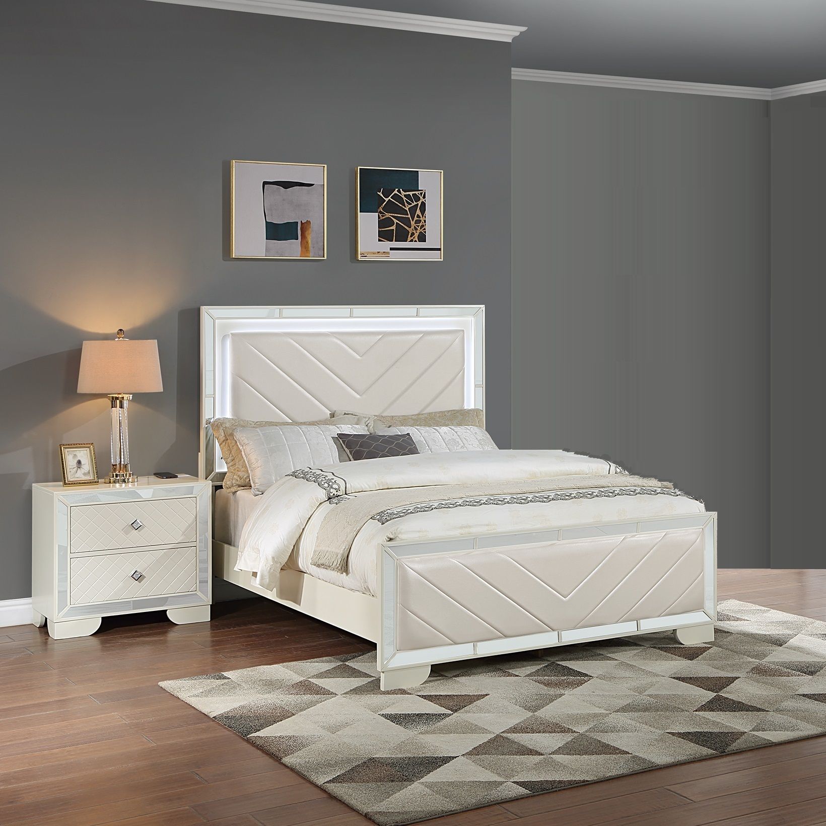 1 Piece Eastern King Size Upholstered Headboard And Footboard With Built In LED Lights