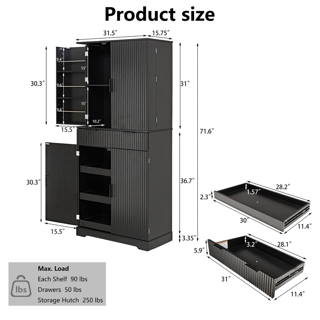 Fluted Kitchen Pantry Cabinet With 3 Keyboard Drawers & 6 Adjustable Door Shelves