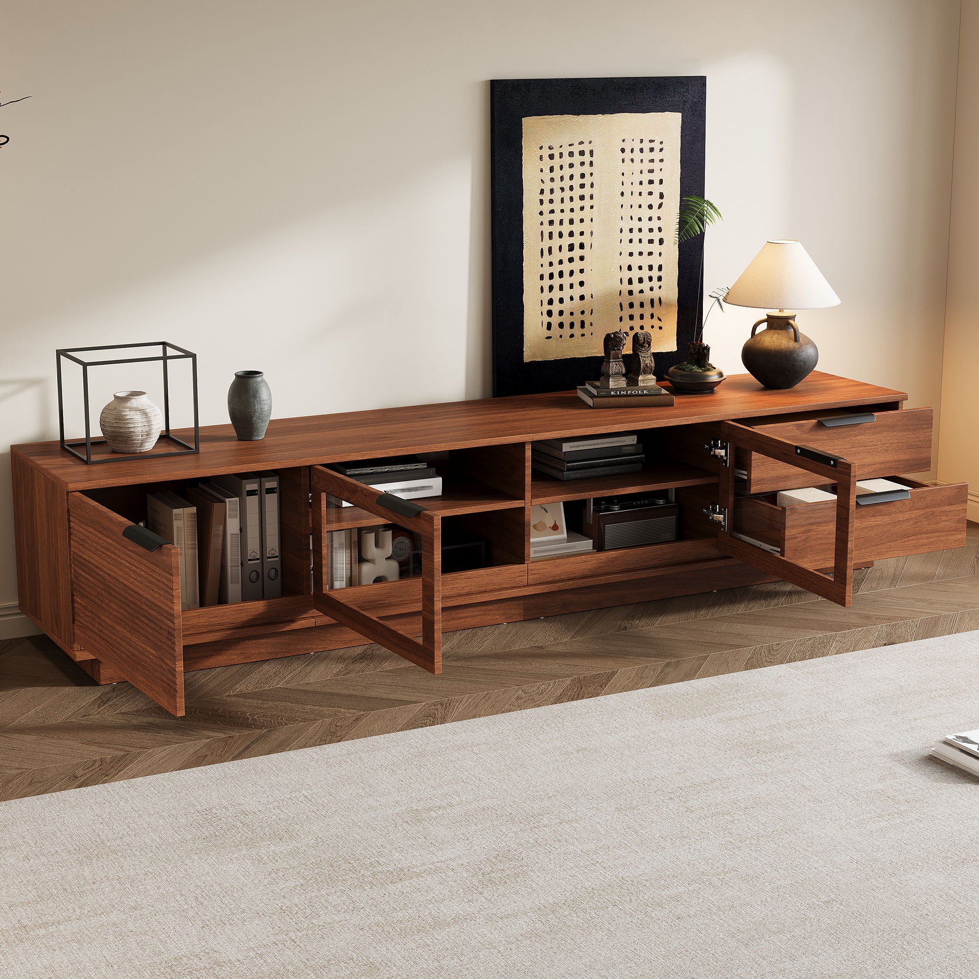 TV Stand With 2 Drawers, Doors & Cable Management, Soft Closing Hinges - Walnut