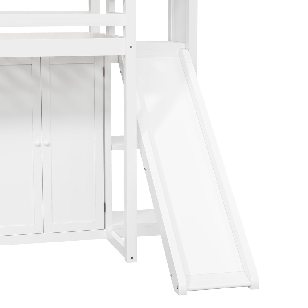 Twin Size Loft Bed With Wardrobe, Storage Shelves, Slide And LED - White