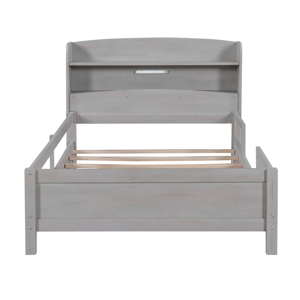 Wood Platform Bed With Built In LED Light, Storage Headboard And Guardrail