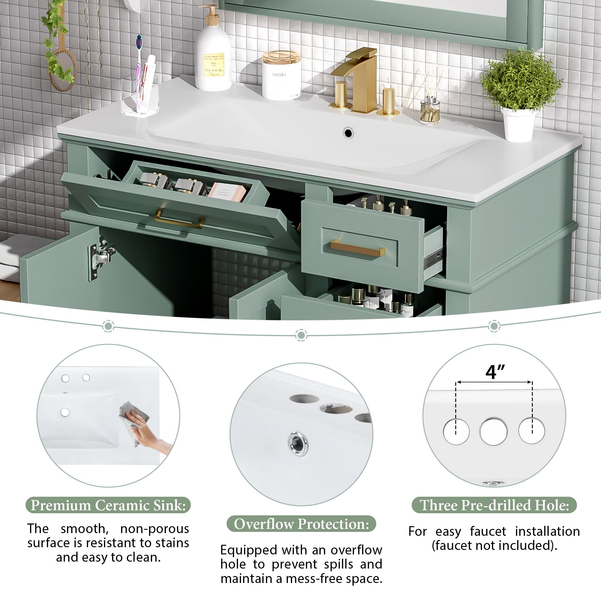 Bathroom Vanity With Sink, Soft Close Doors, 4 Storage Drawers