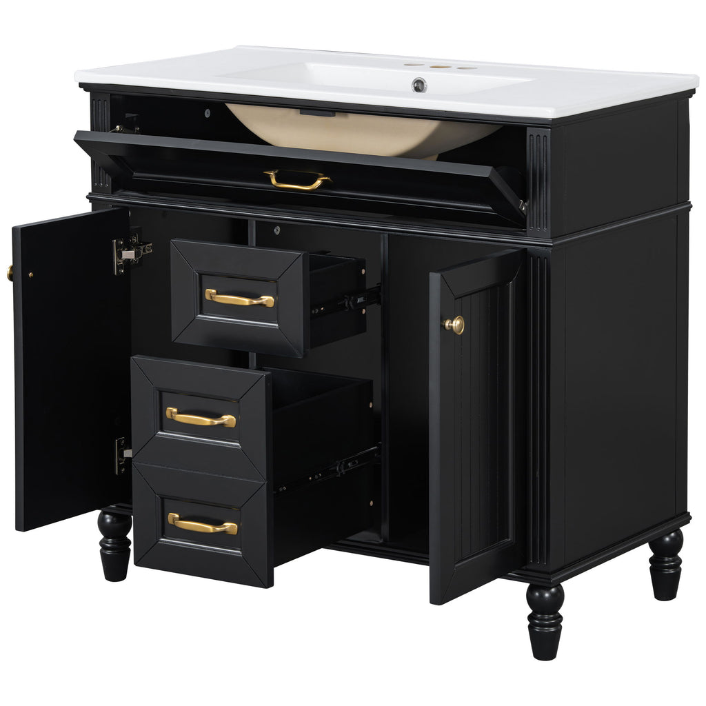 Bathroom Vanity With Sink, Flip-Out Top Drawer, Soft Close Doors, 2 Storage Drawers