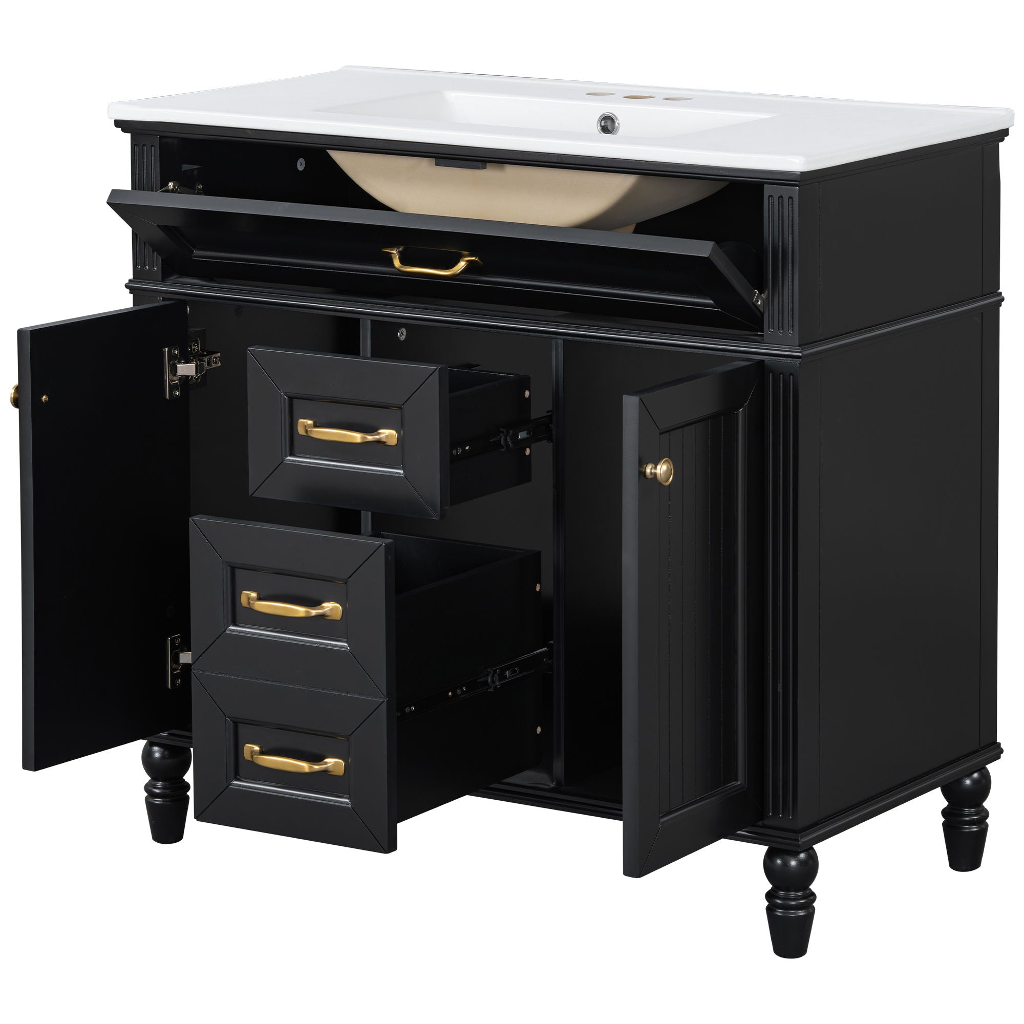 Bathroom Vanity With Sink, Flip-Out Top Drawer, Soft Close Doors, 2 Storage Drawers