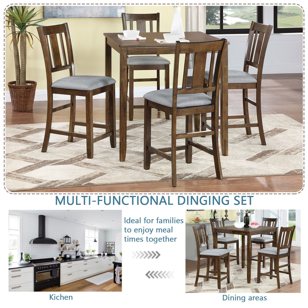 5 Pieces Dining Table Set, Counter Height Kitchen Table Set With Square Table And 4 Upholstered Chairs