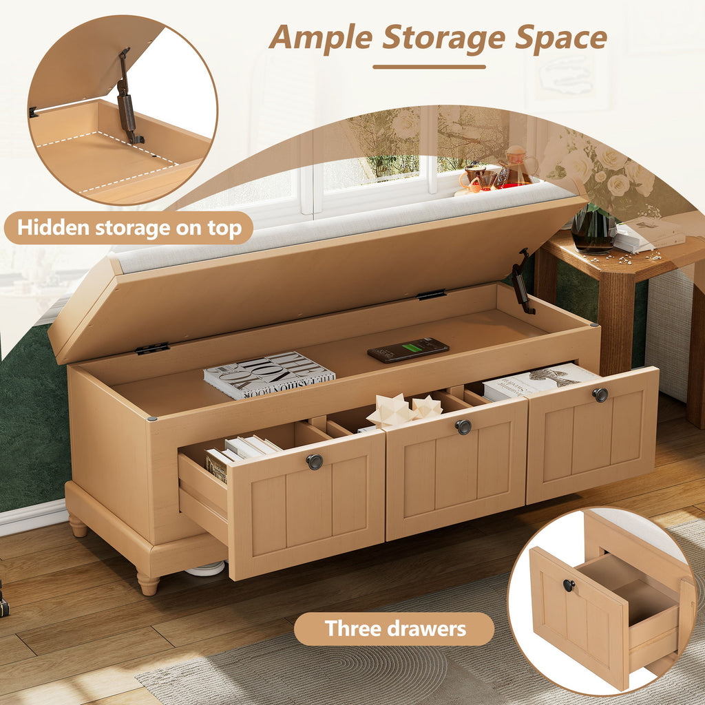 Shoe Bench With Cushion And 3 Drawers - Natural