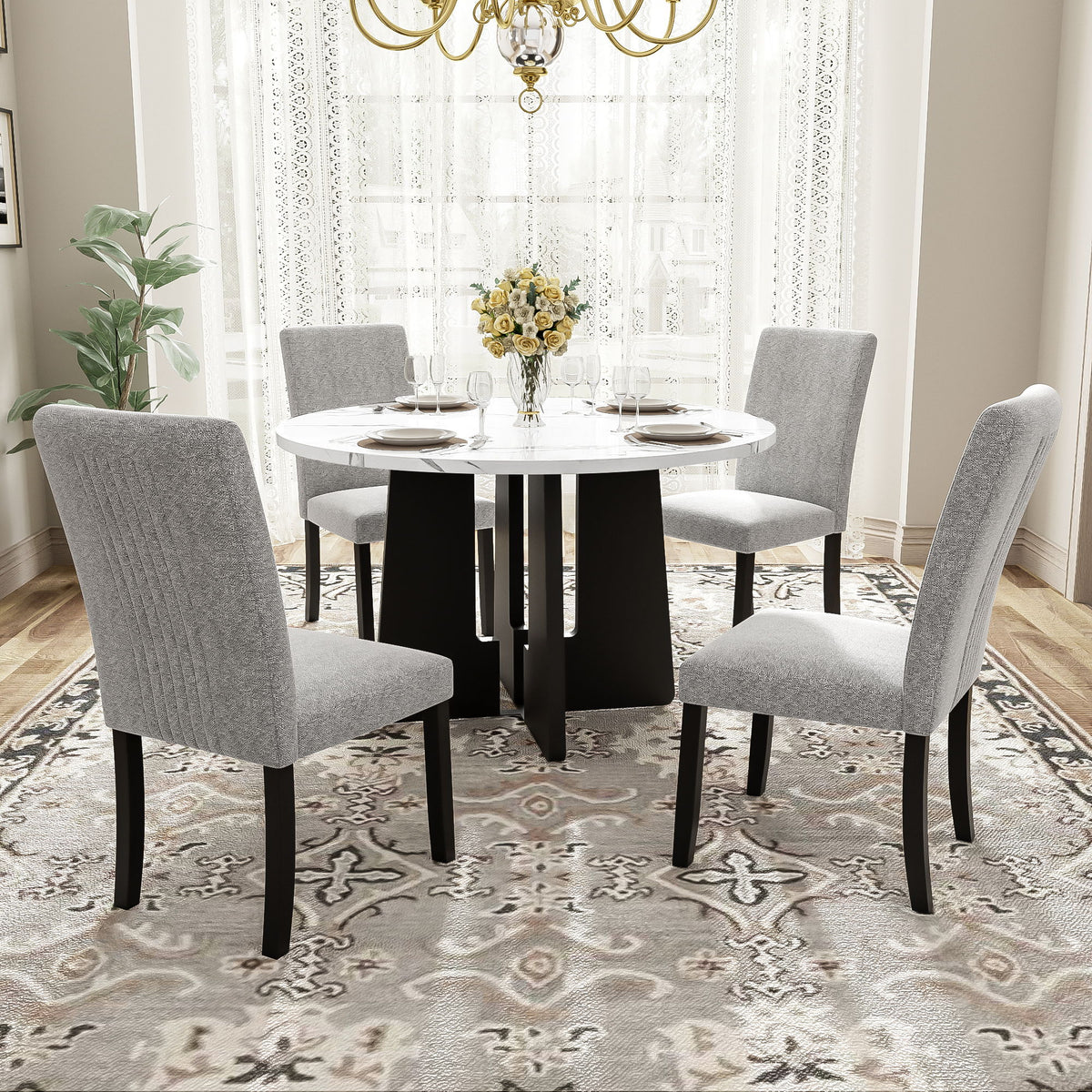 5 Piece Round Dining Table Set, Dining Table And 4 Upholstered Chairs For Dining Room, Kitchen Room, Living Room - White / Gray