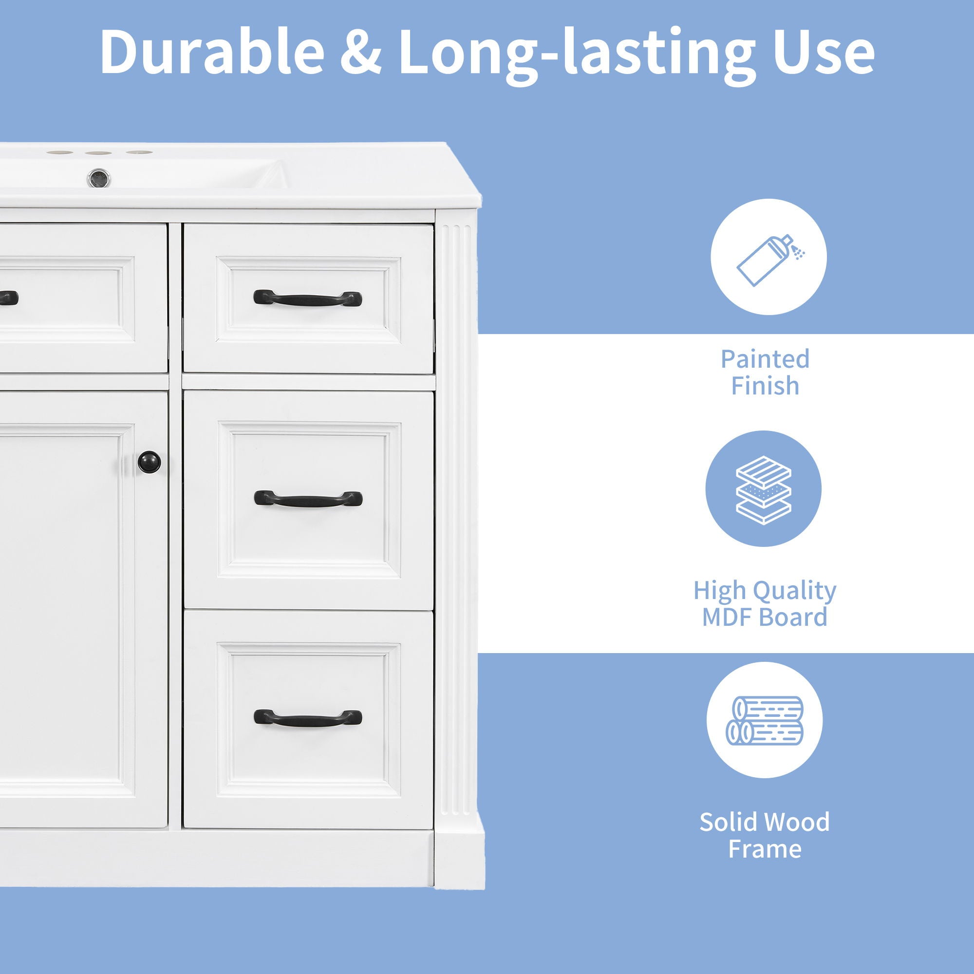 Modern Bathroom Vanity With Sink, 4 Drawers, Soft-Close Door, Adjustable Shelf