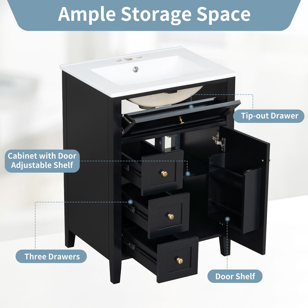 Bathroom Vanity With Sink, 3 Drawers & Cabinet With Adjustable Shelves