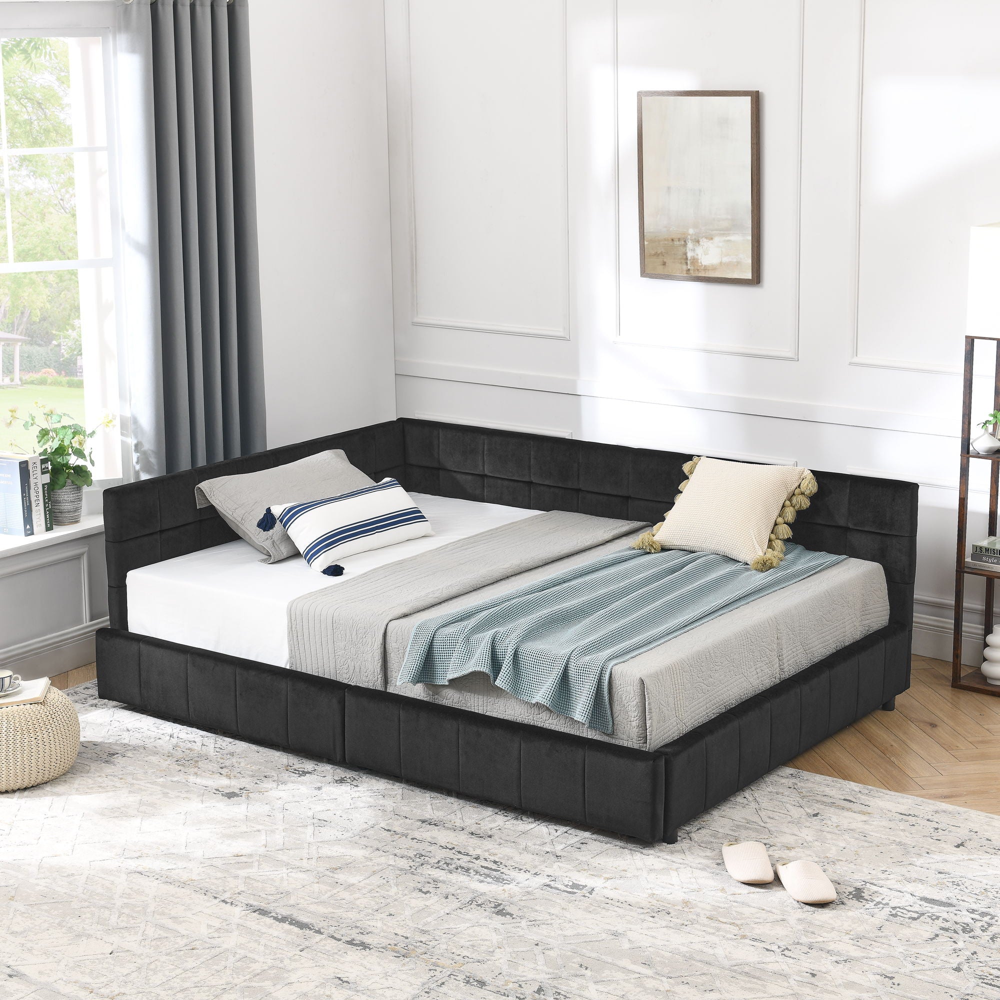 Storage Elegant Upholstered Tufted Bed Frame With Backrest And Armrests