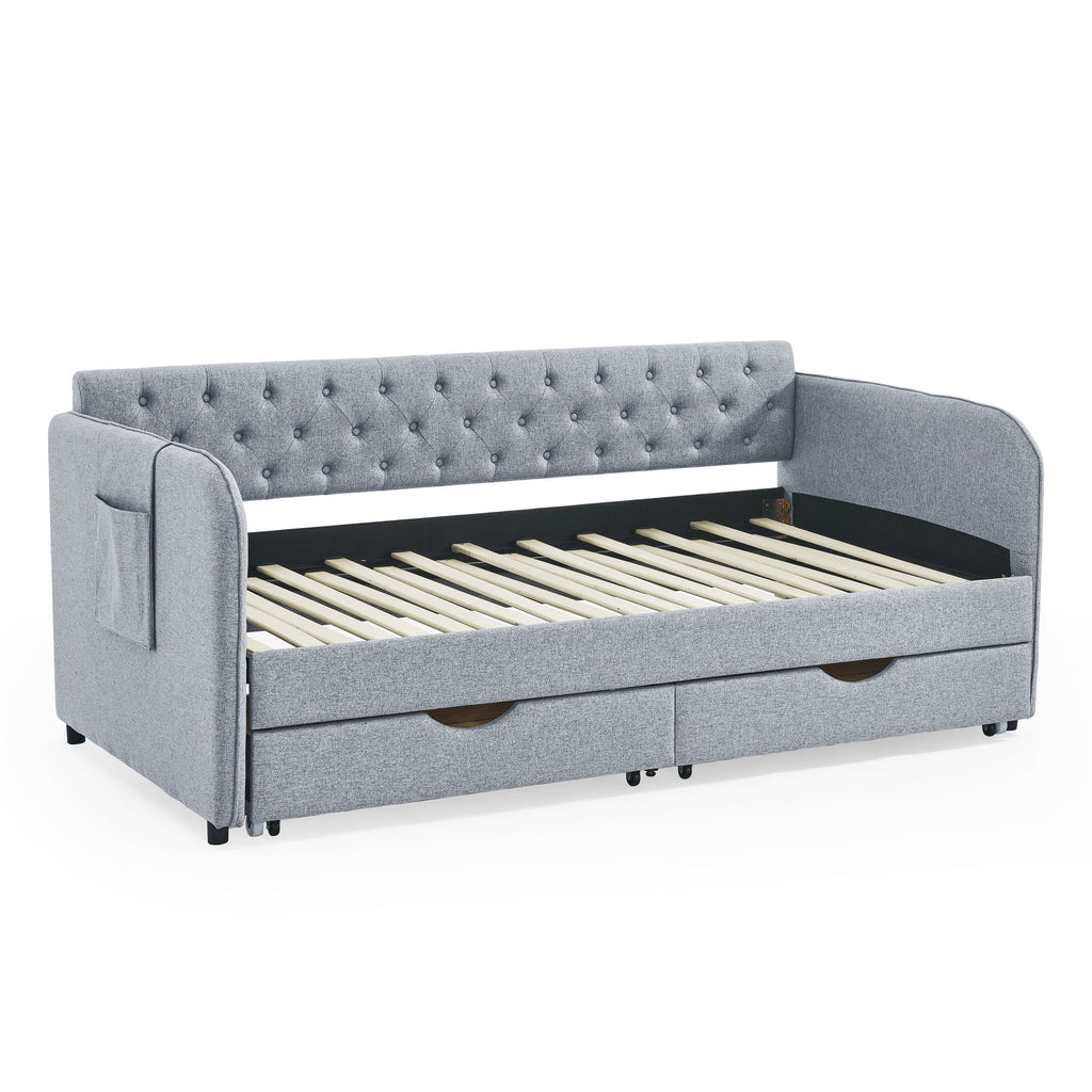 Daybed With Trundle And Storage Drawers, Flat Arms With Pocket