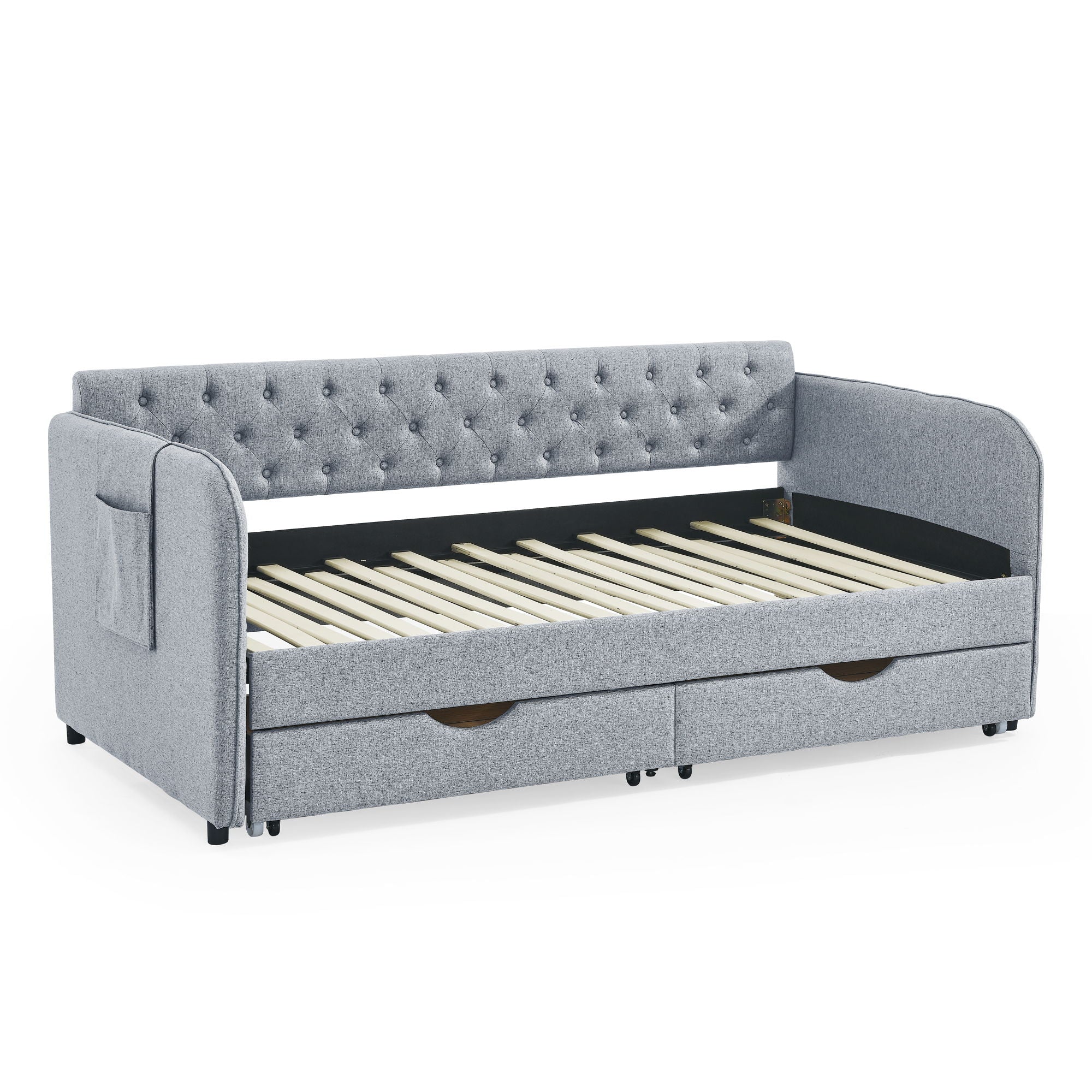 Daybed With Trundle And Storage Drawers, Flat Arms With Pocket