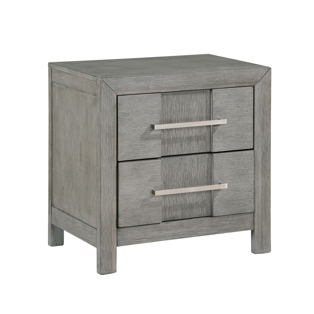 Modern 2 Drawer Nightstand In Gray Finish With Silver Metal Handles, Contemporary Bedside Table With Smooth Glide Drawers