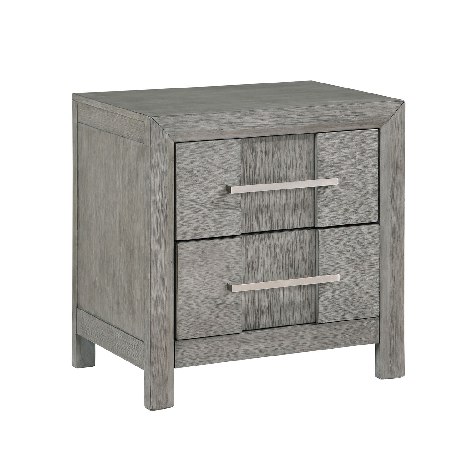 Modern 2 Drawer Nightstand In Gray Finish With Silver Metal Handles, Contemporary Bedside Table With Smooth Glide Drawers
