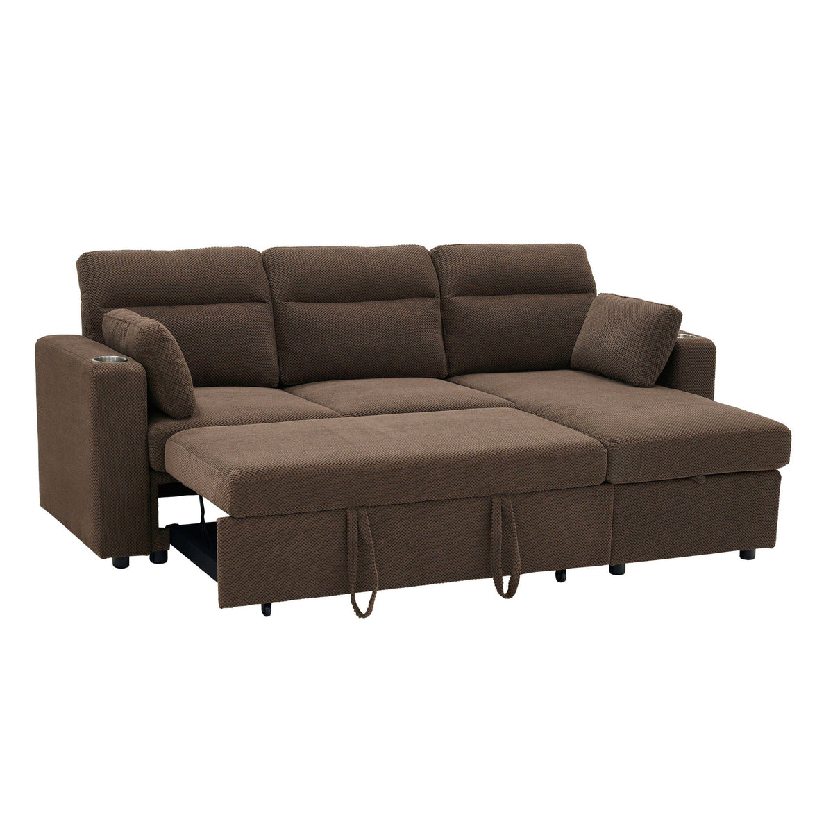 Convertible L - Shaped Sectional Sofa Bed With Storage Chaise, Cup Holders