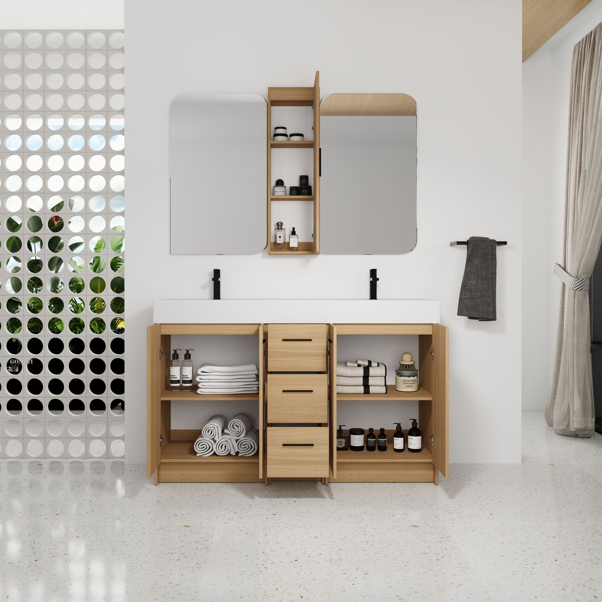 Double Sink Bathroom Vanity Set With Tall Linen Cabinet, 3 Drawers, Extra Large Storage, Integrated Sink, Freestanding Cabinet - Light Oak / White