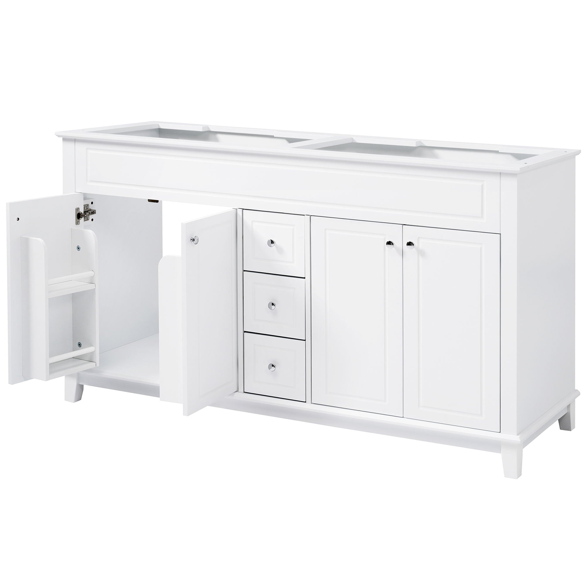 Bathroom Vanity Cabinet Only, 3 Drawers & 4 Doors & Double Layer Shelves - White