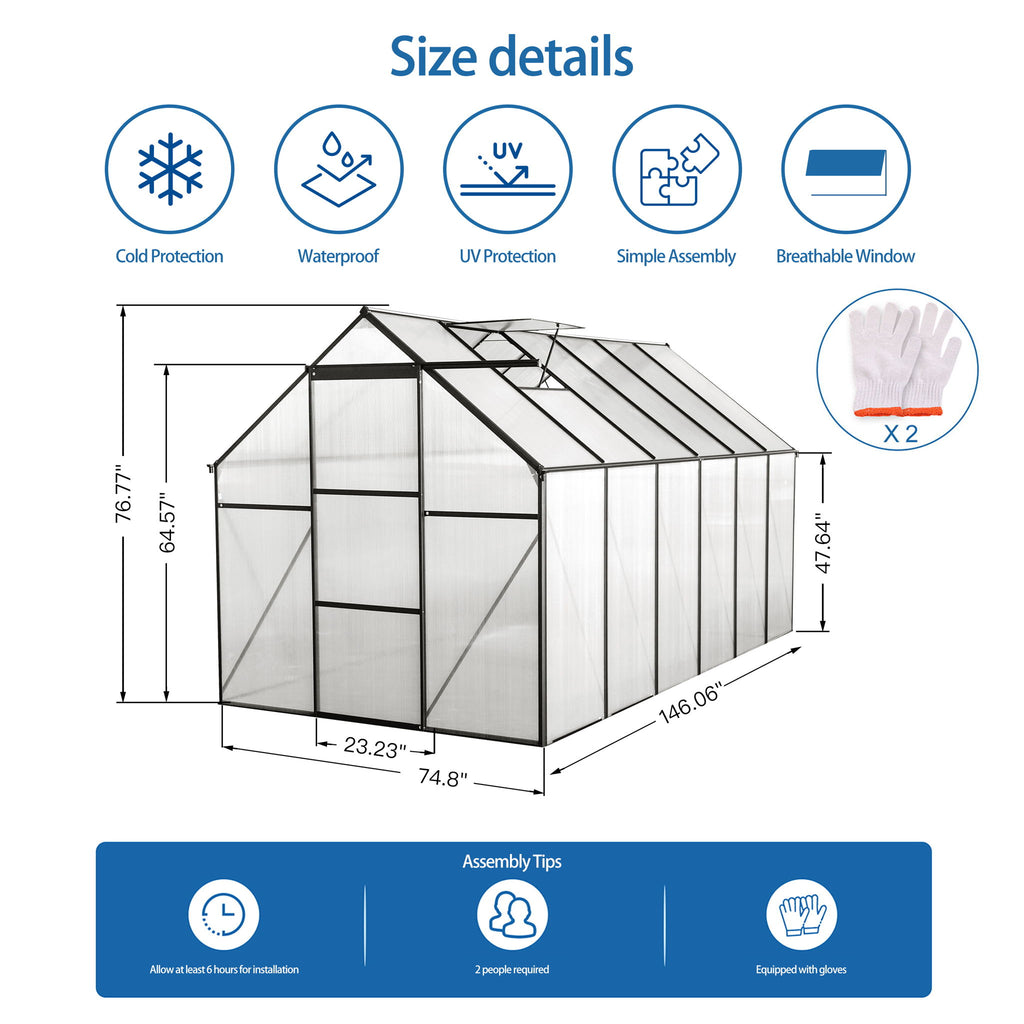 Polycarbonate house Raised Base And Anchor Aluminum Heavy Duty Walk-In houses For Outdoor Backyard In All Season