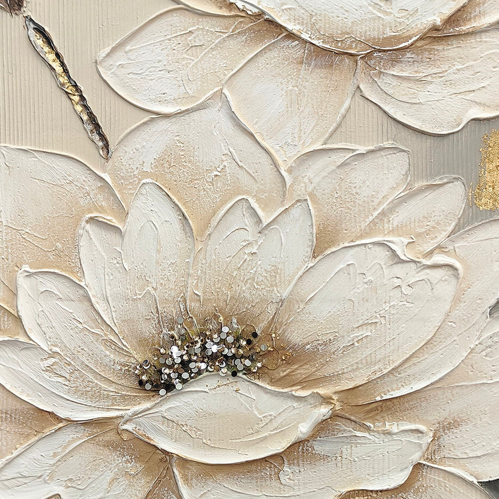 Lotus Flower Canvas Wall Art, Hand Painted Thick Textured Floral Painting With Accents, Neutral Decor For Living Room - Antique White / Gray