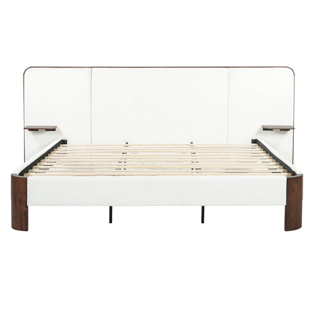 King Upholstered Platform Bed Frame With Curved Headboard, Built-In Floating Shelves, Wood Slats And Metal Support - White & Brown